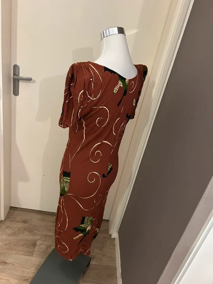 Vintage, robe marron imprimé papillon vert  femme taille 40 - photo numéro 4