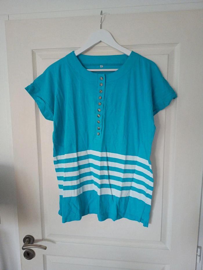 Joli t-shirt tunique taille 48 coloris turquoise en coton