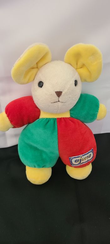 Doudou Peluche Souris Rouge Vert Jaune Grelot Ajena Ancien Vintage