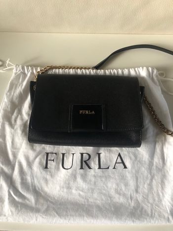 Sac Furla cuir et daim noir doré | Taille S | sac bandoulière chaîne luxe élégant vintage