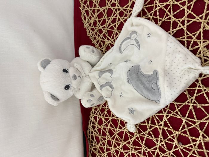 DOUDOU PELUCHE SIMBA NICOTOY OURS POLAIRE BLANC GRIS MOUCHOIR LUNE - photo numéro 2