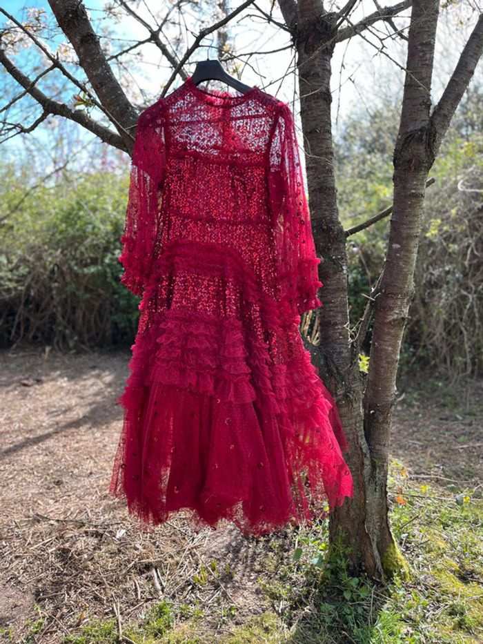 Robe longue Rouge voile paillettes jupon froufrou T 40 - photo numéro 5