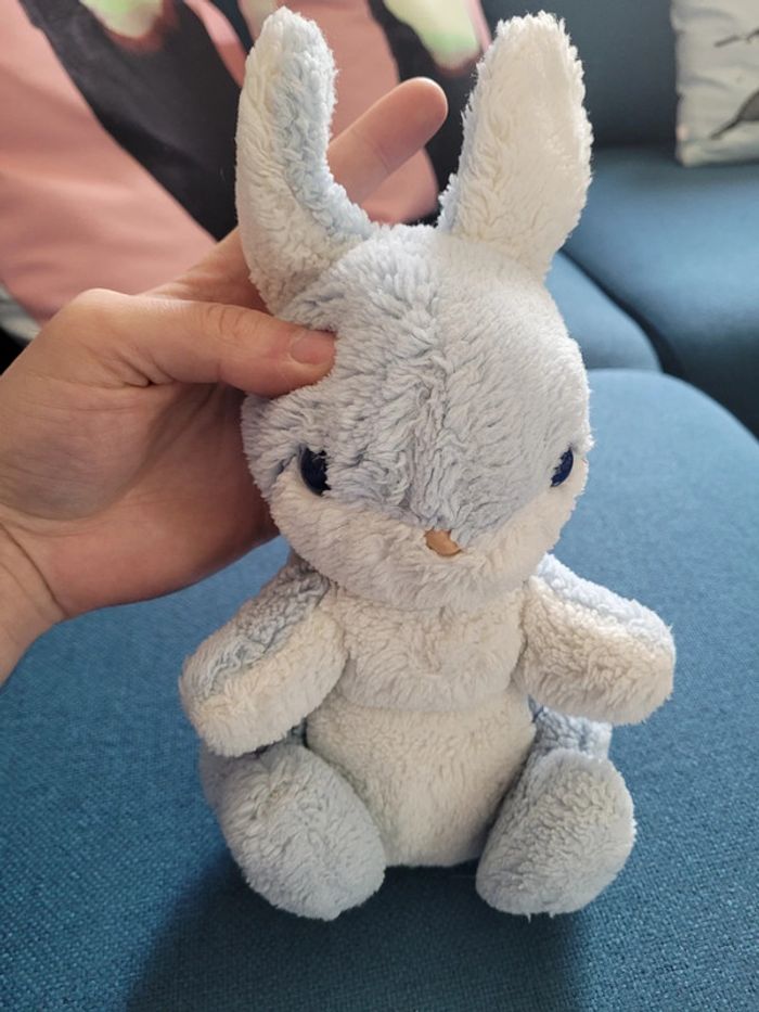 RARE Lapin assis bleu blanc Boulgom yeux bleu Made in France collection peluche doudou 26cm - photo numéro 2