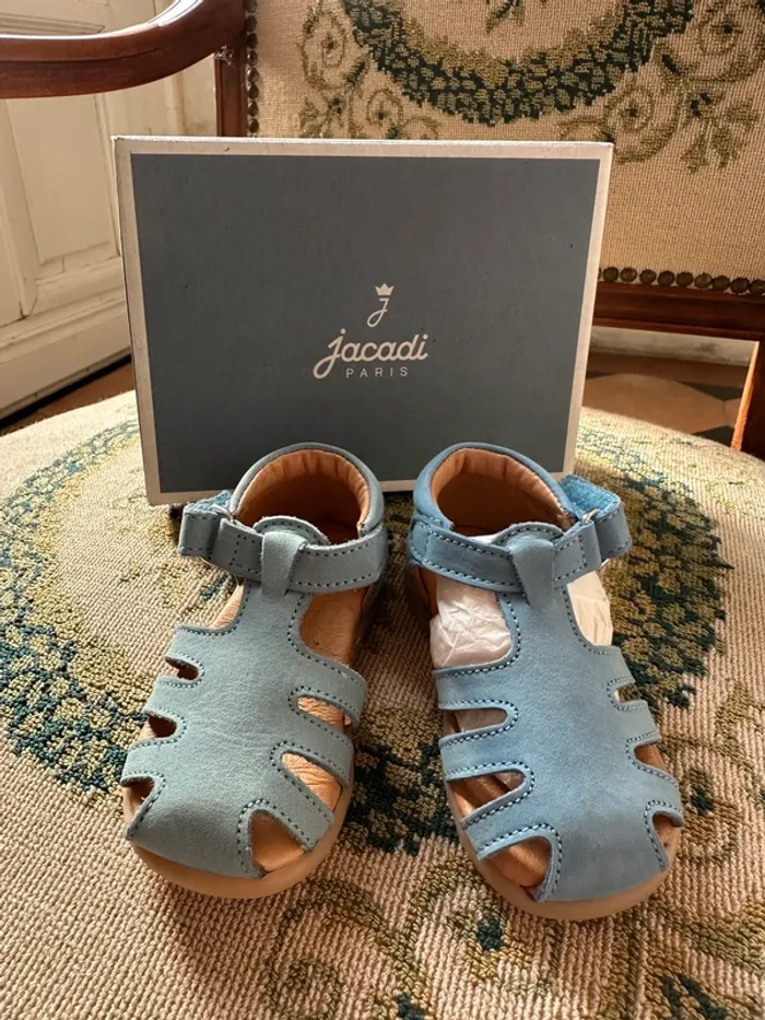 NEUF Chaussures sandales cuir Jacadi bleu ciel clair garçon 18 bébé Caramel