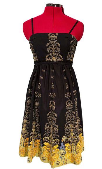 Superbe robe vintage bustier noire avec motifs jaunes/dorés second empire/rococo 34