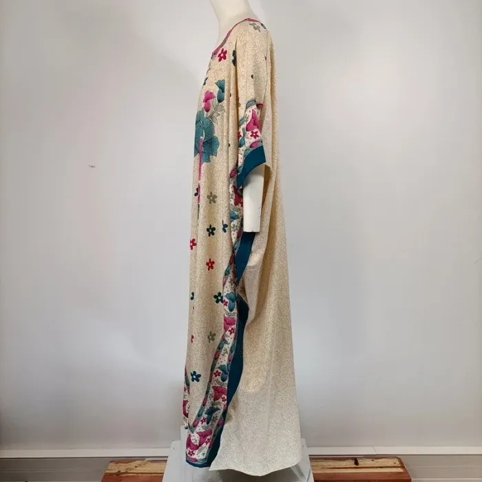 Tunique robe indienne 100 % soie longue imprimé fleuri coloré taille L ethnique bohème A148 - photo numéro 3