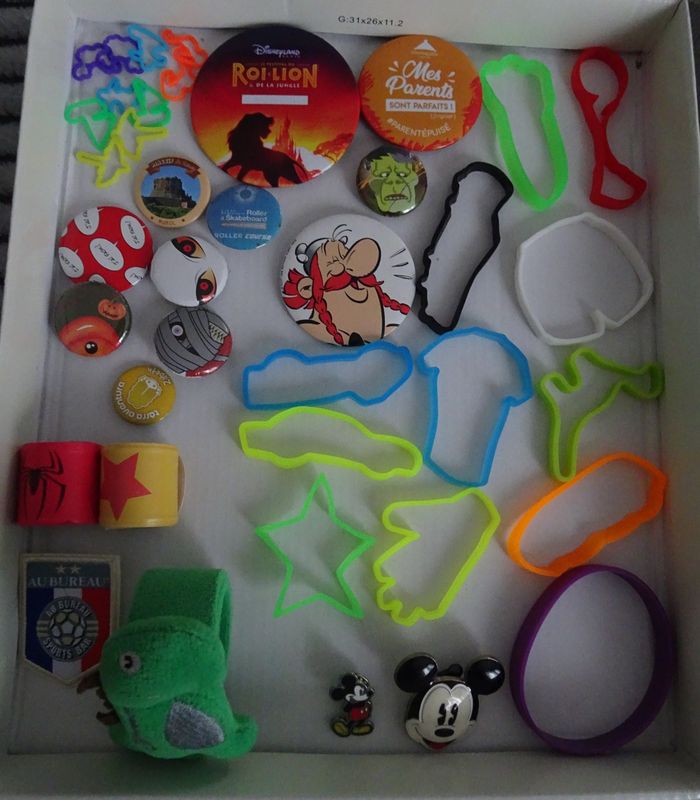 Lot de 39 bijoux et accessoires pour Garçon: bracelets, badges et Pin’s Mickey