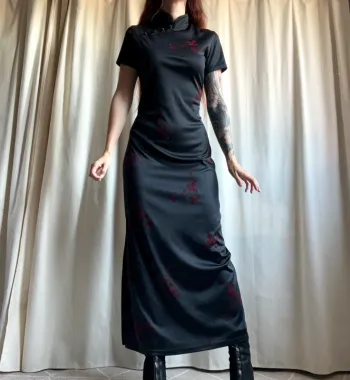 Robe longue style asiatique motifs fleuris Goth Whimsigoth vintage 90s - Taille M
