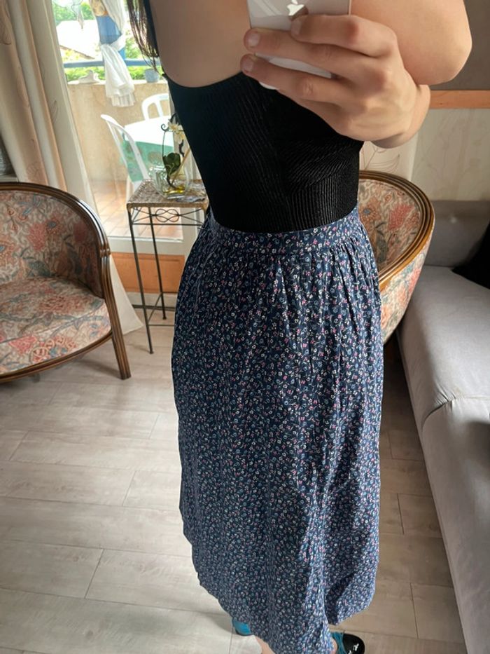Jupe mi-longue fleurie bleue vintage bohème champêtre - photo numéro 3