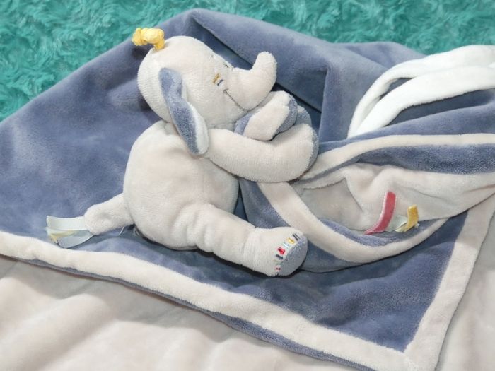 Doudou couverture éléphant Bao bleu beige Noukie's 🐘tbe - photo numéro 3