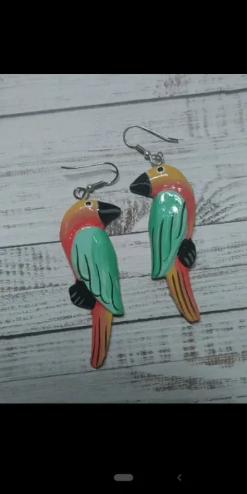 Boucles d'oreilles earrings tropical parrot exotic green bird wood bois