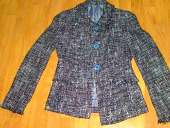 Veste dégriffée bleu pétrole et noire tweed frangée taille 36 TBE