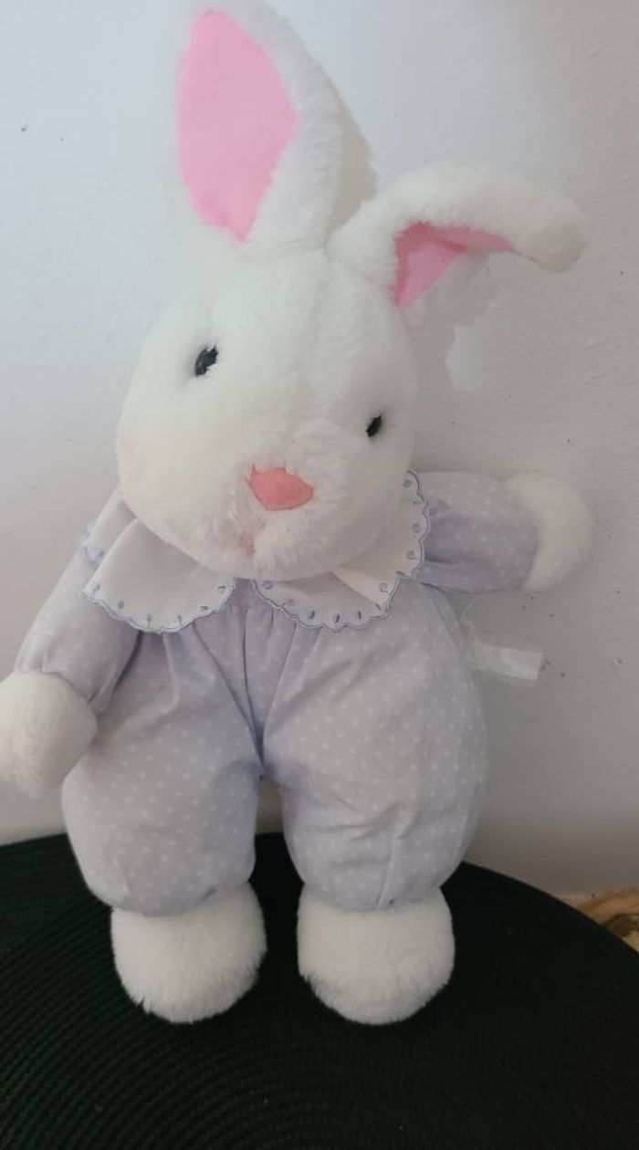 Peluche Doudou Lapin JEMINI Bleu Pois Collerette Blanc Nez Rose 26 Cm - photo numéro 2