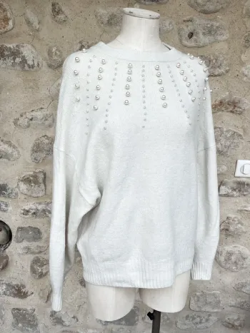 H&M - Pull fin à perles au col rond crème blanc