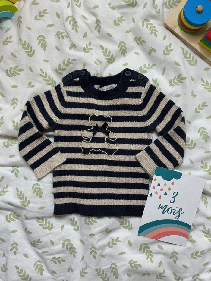 pull léger cotelé marine et beige à paillettes lulu castagnette 3 mois - photo numéro 2