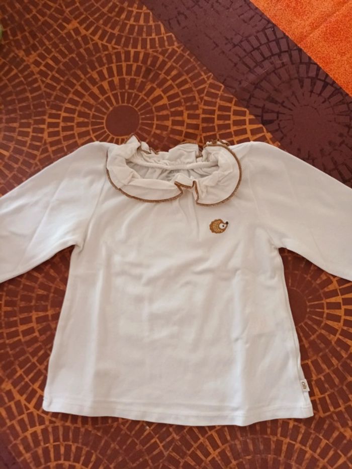 Robe Fille Obaïbi 12 Mois - Blanche à Rayures Bleues, Manches Longues - Occasion Parfait état