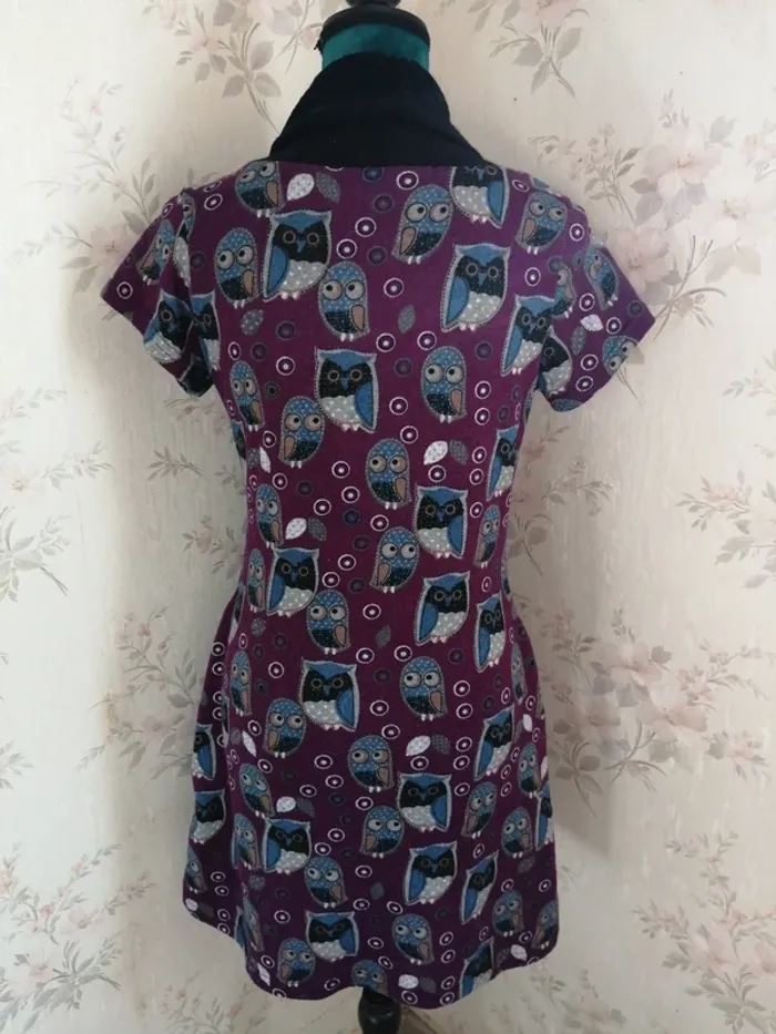 Robe violette à manches courtes motifs hiboux avec col poches et boutons / purple jam / (M) - photo numéro 6