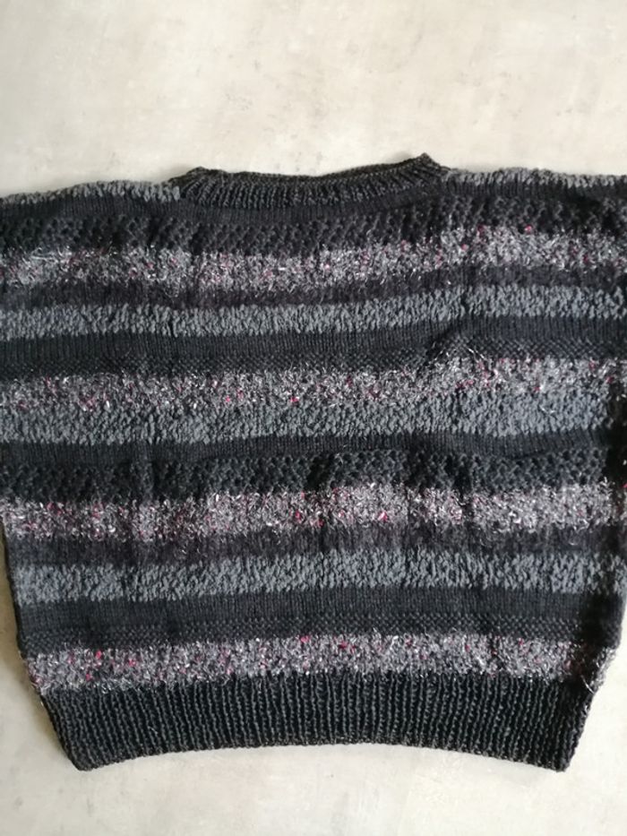 Pull laine et coton noir Tricoté main - photo numéro 2
