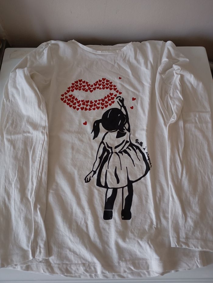Tee-shirt manches longues. 12 ans . Coton blanc . Fillette noir .  Coeurs ❤️.Punkdiz . État neuf - photo numéro 4