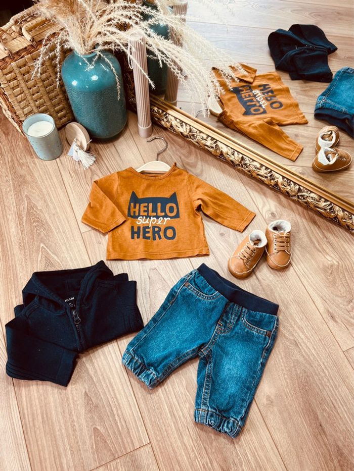 Taille 1 mois ensemble 3 pièces garçon Kiabi bleu marine camel * hello * 💙