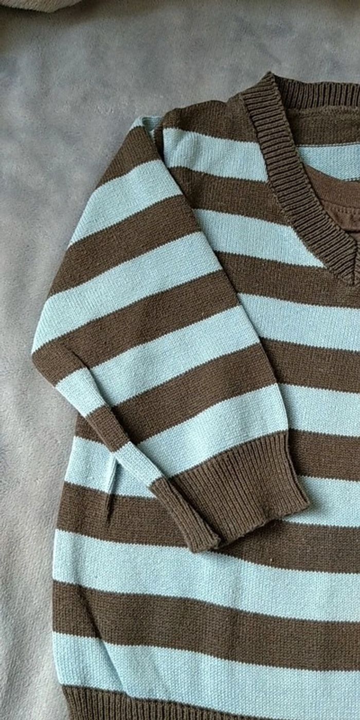 Pull léger col V Garçon 6 mois rayé marron et bleu clair 100% coton Kimbaloo Boy - photo numéro 3