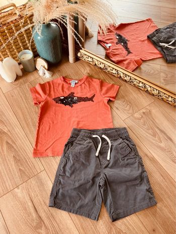 Taille 4 ans ensemble 2 pièces été garçon Okaidi Kiabi orange et gris * requin sequins * 💙
