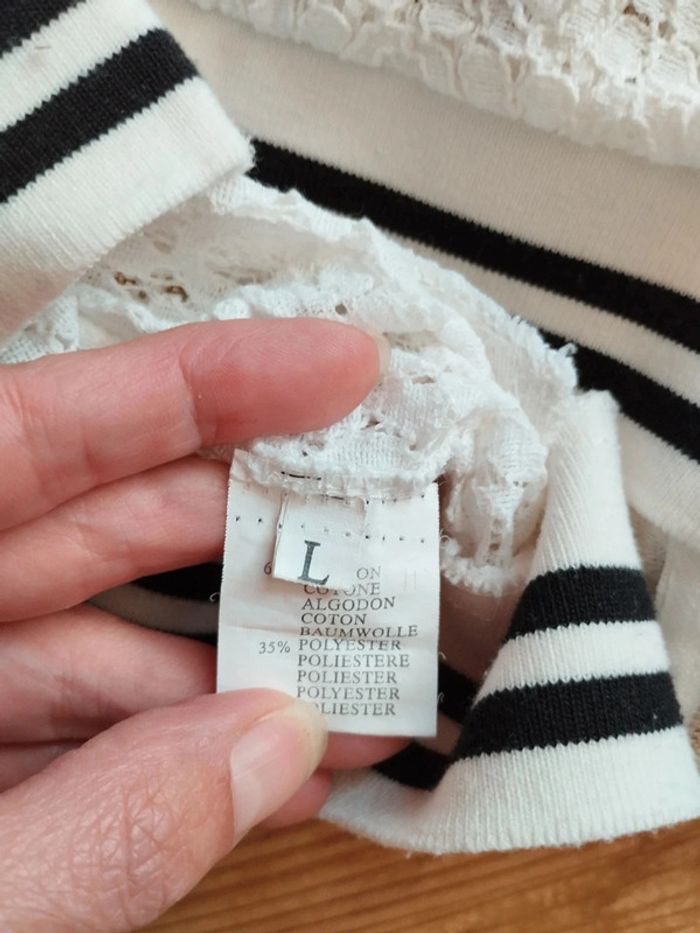🤍 Veste Blanche Légère en Dentelle à Rayures Noires – Taille L/40 – Très Bon État - photo numéro 7
