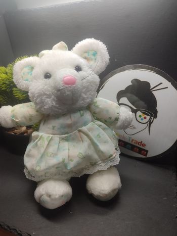 Peluche ancien souris blanc vert rose robe dentelle fleur bleu orange 