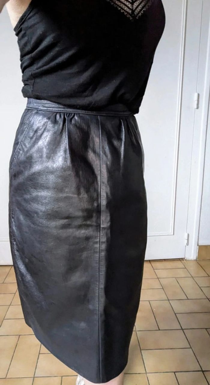 💎 jupe midi en cuir noir sexy chic rockabilly créateur français vintage GMG rare authentique t XS 34 - photo numéro 6