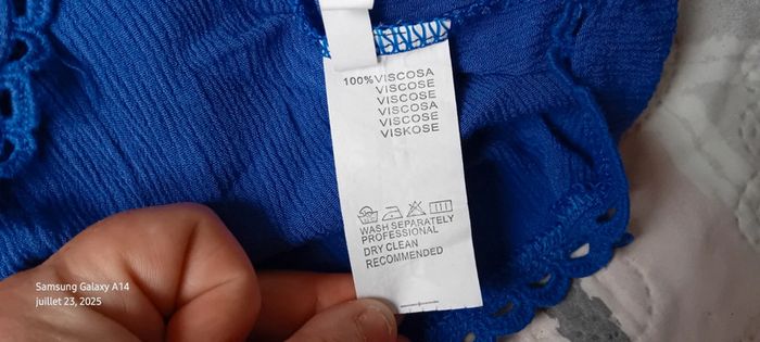 Blouse courte manches pagodes avec dentelle tissus plissé lien à pampilles bleu femme L - photo numéro 19