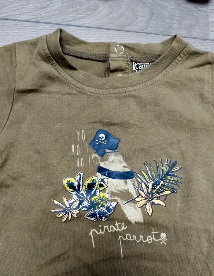 T shirt kaki pirate perroquet 9 mois bébé garçon Tape à l'oeil - photo numéro 2
