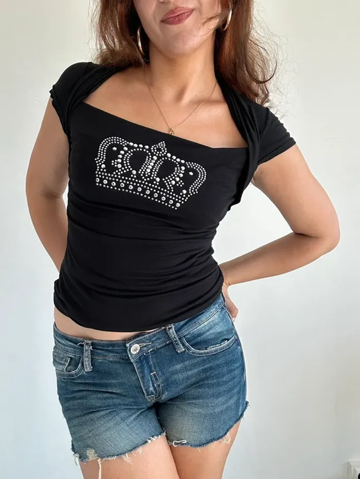 Petit haut vintage y2k année 2000 noir à motif strass taille S - photo numéro 2