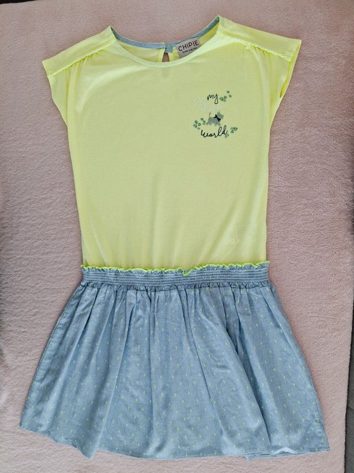 Robe Chipie 10 ans bi matière jaune fluo et bleu clair neuve