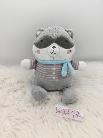 Doudou Peluche raton-laveur gris, blanc et Bleu Mots d'enfants E. Leclerc