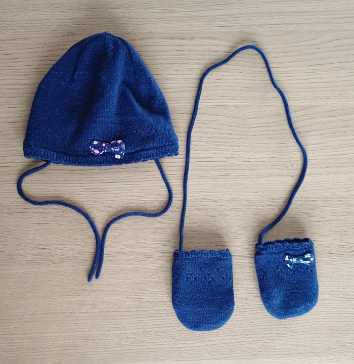 Ensemble bonnet + moufles Sergent Major doublé polaire taille 1 40 cm bleu marine pailleté fille - photo numéro 2