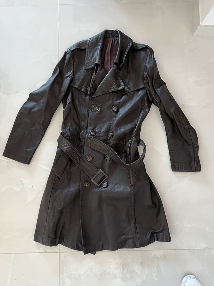 Manteau vintage trench cuir veritable - photo numéro 2