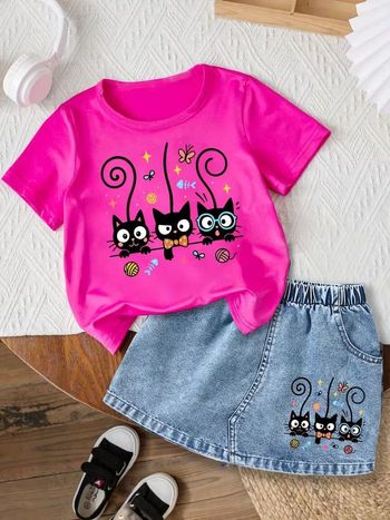 Ensemble fille 3-4 ans t-shirt rose fushia chats + jupe jean – neuf