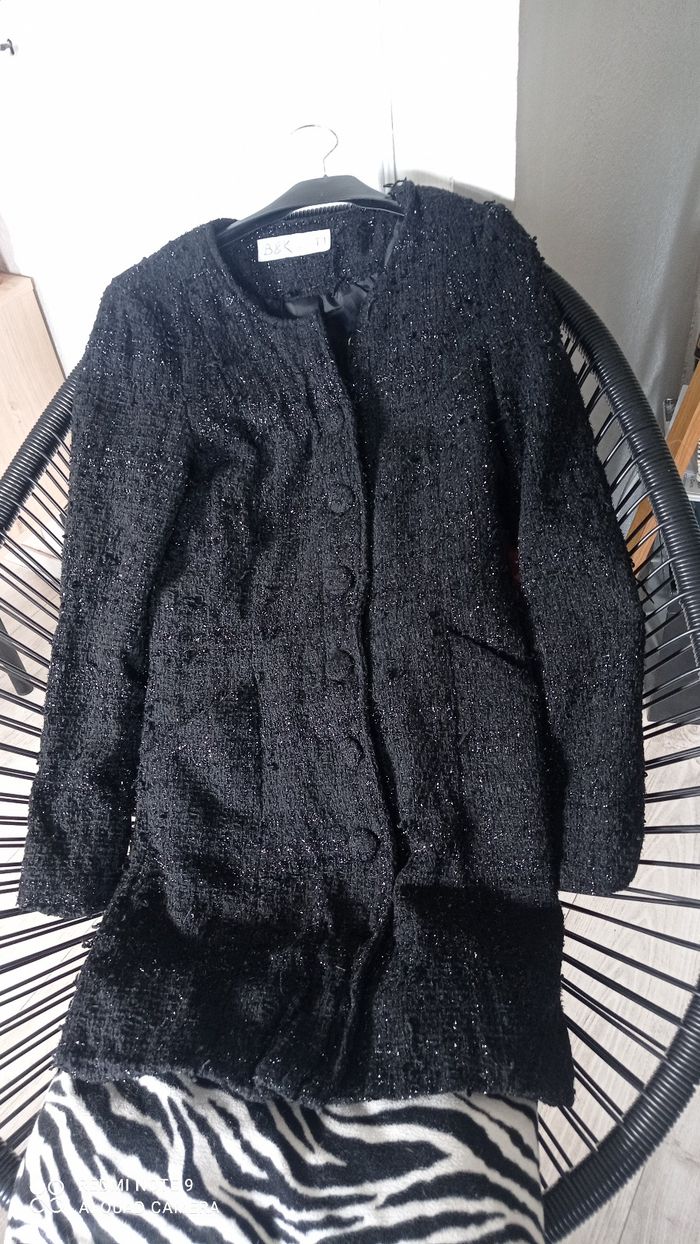 Manteau caban col rond noir et fils argent taille S bon état - photo numéro 2