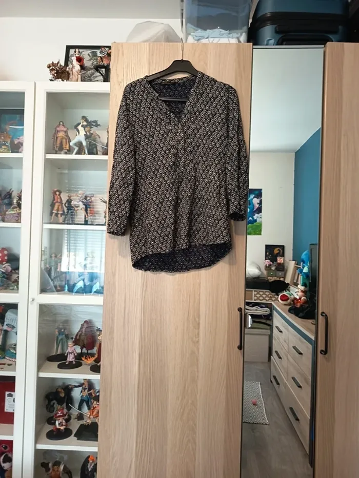 Blouse chemisier a motif asymétrique noir et beige manches 3/4 Akoz wooman - Taille M 38 - photo numéro 2