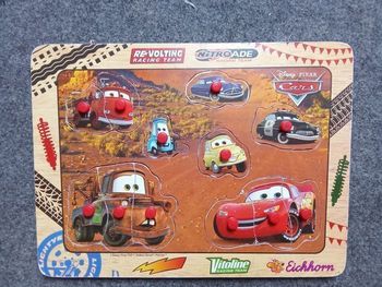 Puzzles cars  flash mac queen en bois, Disney , dès 3 ans, jeu, jouets garçon, voitures, 7 morceaux, poignée