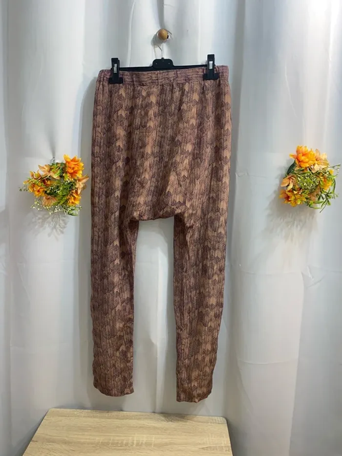 Sarouel pure soie Maje taille élastique marron avec motifs taille L = 40/42 neuf - n41p - photo numéro 3