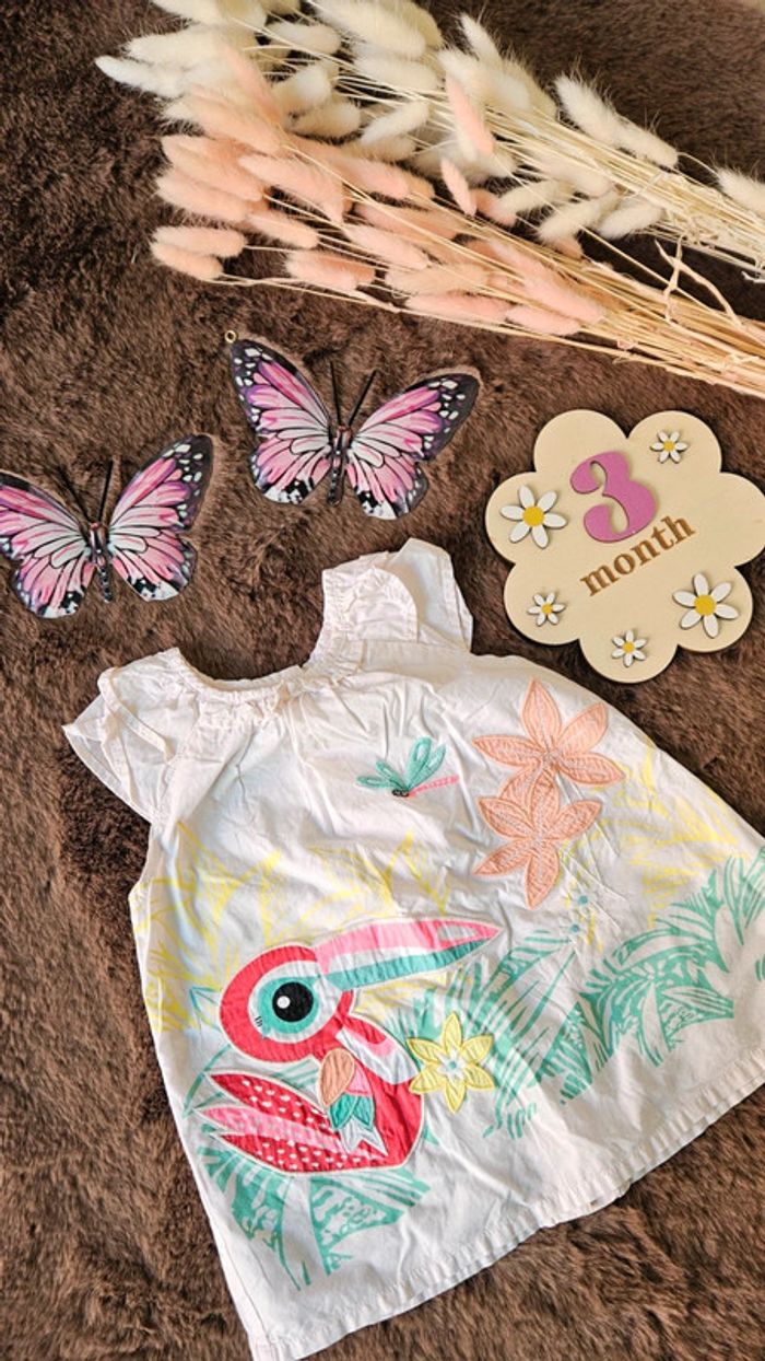 Robe dpam 3 mois été fille avec pélican et fleurs - photo numéro 2