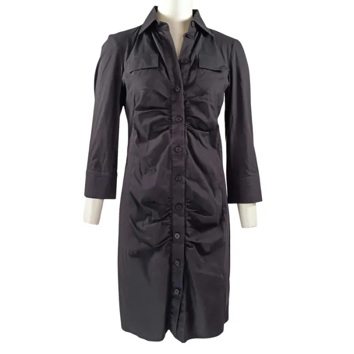 Robe-chemise noire Patrizia Pepe cintrée à poches, manches 3/4, taille 42 A1131