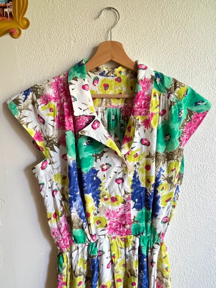 Robe midi à fleurs vintage manches courtes taille unique - photo numéro 5