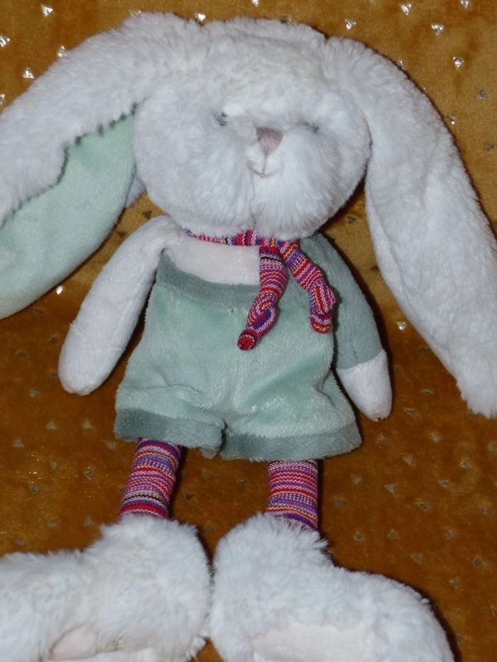 Doudou lapin blanc vert Bukowski 🐰état neuf - photo numéro 2