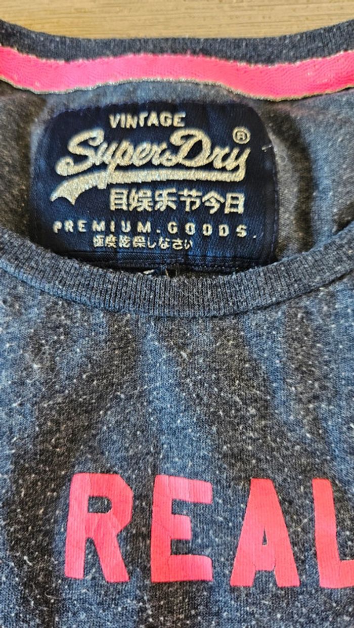 T shirt bleu gris chiné inscription fushia, Superdry Vintage, XS - photo numéro 7