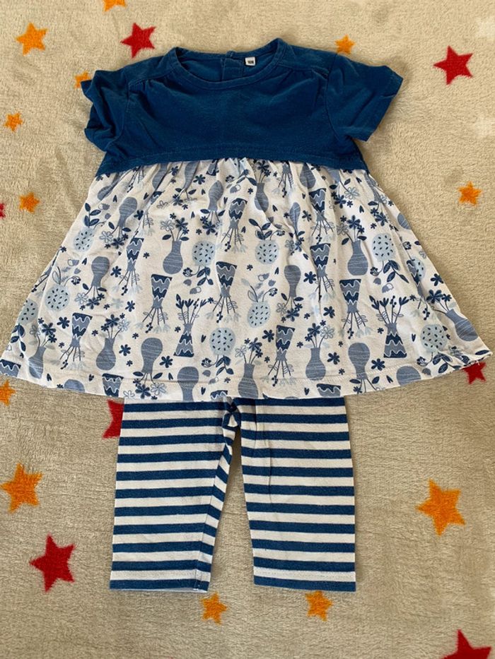 Ensemble Robe et Leggings Bleu et Blanc 18M