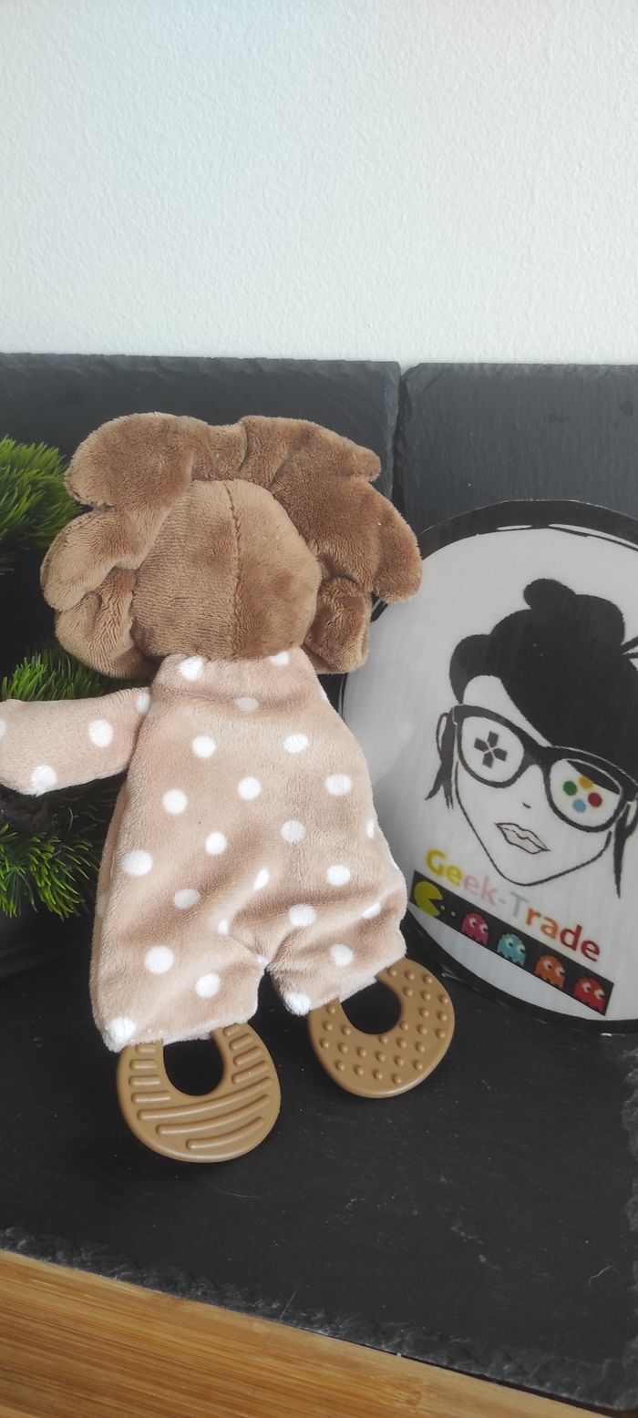Doudou plat Lion blanc marron beige pois dentition action zdt Bruissant - photo numéro 2