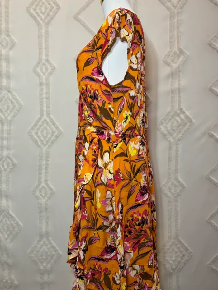 Robe portefeuille fleurie orange fuchsia – Taille 46 – cottage coquette tradwife - photo numéro 3