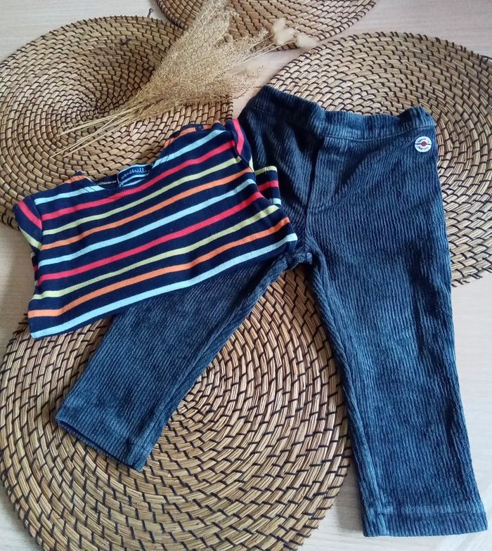 Ensemble pantalon velours bleu + tee shirt à rayures Terre de Marin taille 18 mois